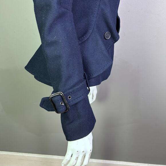 BCBG MaxAzria coat XS Pea Coat Military Ruffle Regal Royal Wool Spy Blue Trench - Picture 8 of 16